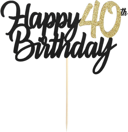 PALASASA Black Gold Glitter Happy Birthday Cake Topper, 40th Anniversary/Birthday Party Decoration