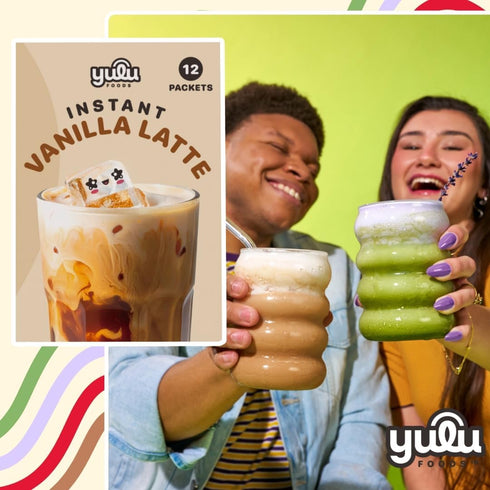 (12 8.47 oz) 3-in-1 YULU FOODS Vanilla Instant Latte Mix Servings, | Vanilla Powder with Creamer & Sugar | Non-Dairy |