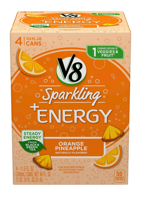 V8 +Energy Sparkling Healthy Energy Drink, Natural Energy from Tea, Orange Pineapple,