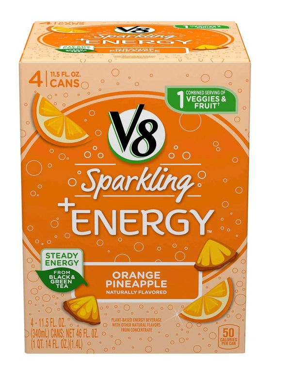 V8 +Energy Sparkling Healthy Energy Drink, Natural Energy from Tea, Orange Pineapple,