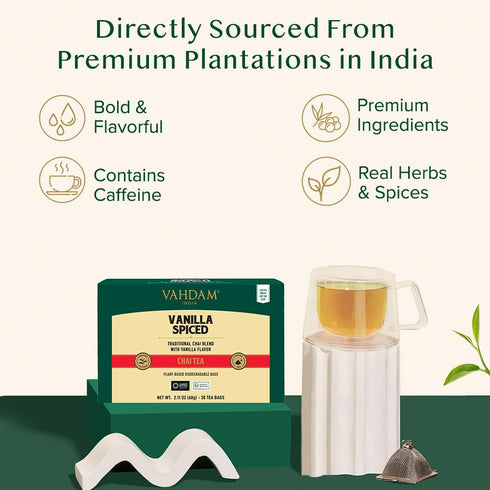 VAHDAM Vanilla Chai Tea Bags (30 Count), High Caffeine, Non GMO, Gluten Free, Full-bodied & Malty