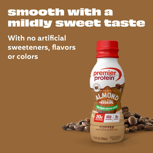 20g 5g 11.5 oz, 12 Count Premier Protein Non-Dairy Plant Based Almondmilk Protein Shake, Coffee with Caffeine