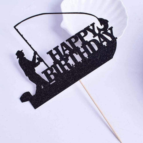 Sea Fishing Birthday Cake Topper, Fisherman Theme Party Supplies, Gone Fishing Decorations, Black Glitter Decor