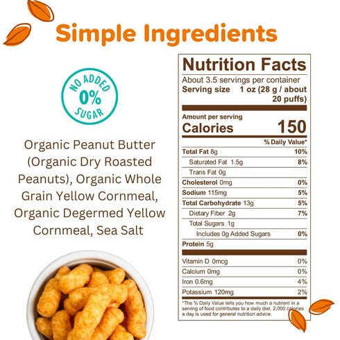 3.5 (Pack 3) Puffworks Original Organic Peanut Butter Puffs, Plant-Based Protein Snack, No Added Sugar, Gluten