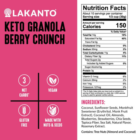 3g (11 oz) Lakanto Berry Crunch Granola - Delicious Snack, Quick Breakfast Cereal, Keto Friendly, Monk Fruit Sweetener