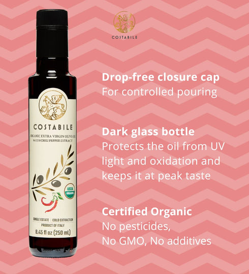 100% Chili infused & Lemon Infused Extra Virgin Olive Oil. All-natural olive oils. Italian. COSTABILE