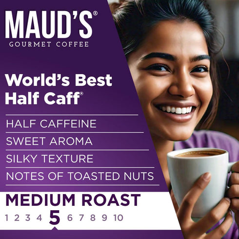 Maud's Half Caffeine Instant Coffee, 24 ct, 100% Arabica Medium Roast, Instant Hot or Iced Coffee - Just Add Water