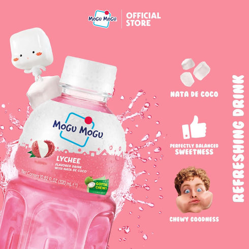 6 Pack 10.82 oz Mogu Mogu Lychee Juice Drink with Nata de Coco (Coconut Jelly) Chewy Fruit Beverage for Kids & Adults