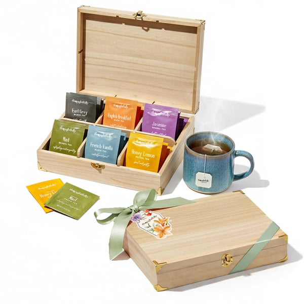 Thoughtfully Wooden Tea Box Gift Set, 90 Premium Tea Bags in Assorted