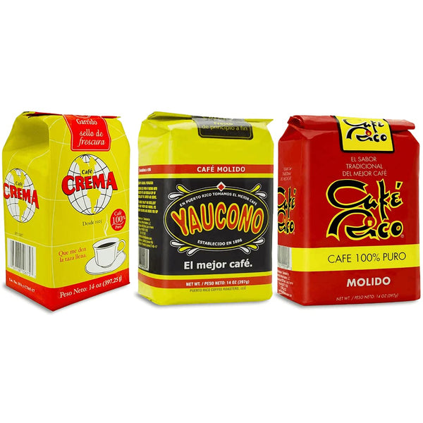 Yaucono, Cafe Crema, and Cafe Rico Ground Coffee from Puerto Rico Variety,