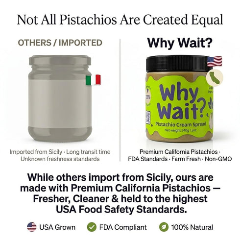 90% 12oz Why Wait? Pistachio Cream Spread Real Pistachios, No Added Sugar, Keto & Vegan Friendly, Made with Organic