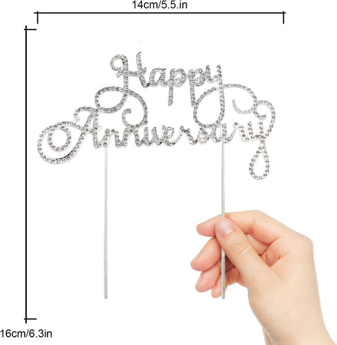 Happy Anniversary Cake Topper, Wedding Anniversary Crystal Rhinestone Party Decoration, Silver