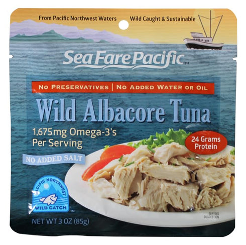 Sea Fare Pacific Wild Caught Albacore Tuna, No Salt, Sport Pouch 3 oz(Pack of 12)