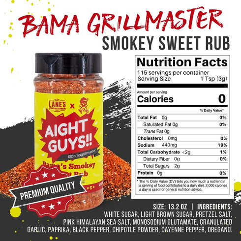 13.2 Oz Lane's Bama Grill Master BBQ Seasonings and Rubs, Sweet and Smoky Seasoning Rub for Grilled Meats & Veggies BBQ