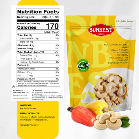 48 oz (3 lb) Sunbest Natural Raw Whole Cashews Bulk Bag Unsalted, Unroasted Cashews, Vegan, Gluten-Free, Non-GMO