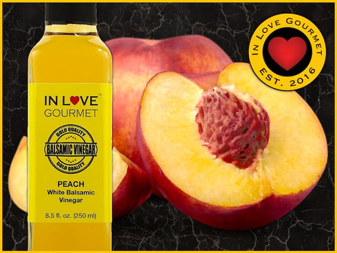 250ML/8.5oz In Love Gourmet Peach White Balsamic Vinegar Great on Red Meats and Game Meats, Drizzle on Veggie and Fruit