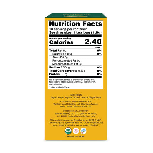 VAHDAM Organic Turmeric Ginger Herbal Tea Bags (18 Count) Caffeine Free, Eco-Friendly Individually Wrapped