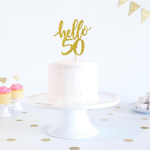 Hello 50 Cake Topper - 50th Birthday / Anniversary Party Decoration Supplies (Gold, Hello 50)