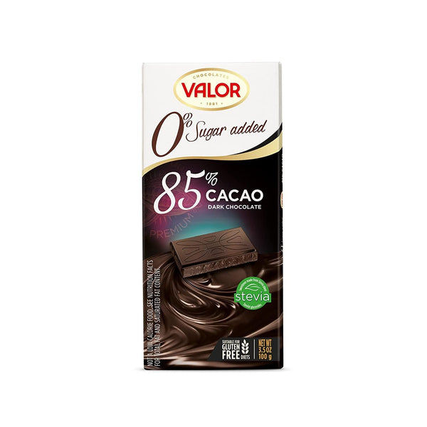 Valor. 85% Cocoa Dark Chocolate. No sugar added. 100g (3.53oz). Pack of