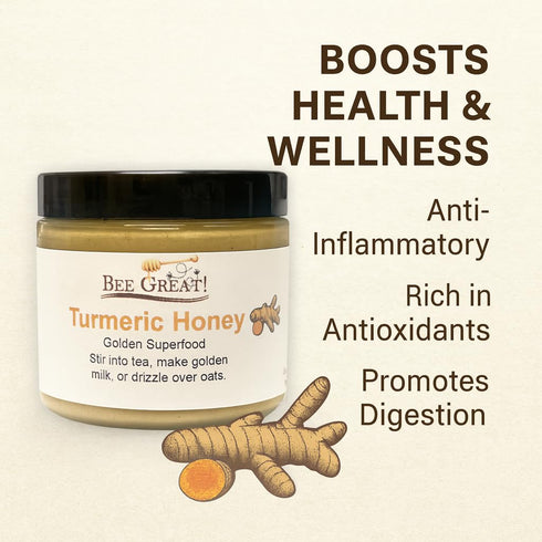 Bee Great 8 oz Turmeric Honey, Raw Honey with Turmeric, Warm Earthy Flavor, Golden Milk & Tea Sweetener
