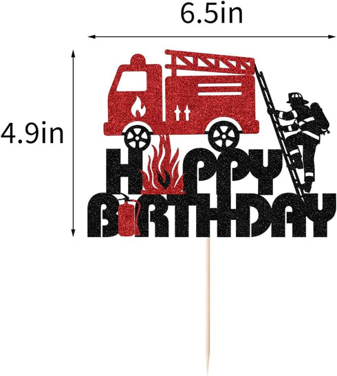 Firefighter-Themed Glitter Fire Truck Cake Topper for Kids' Birthday Parties