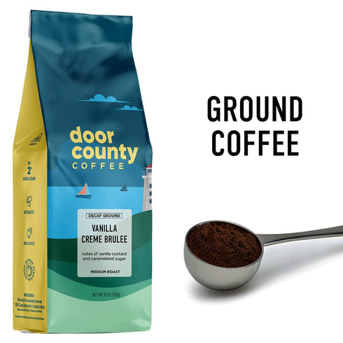 Door County Vanilla Creme Brulee DECAF Flavored Ground Coffee, Medium Roast, 10oz Bag, 100% Arabica