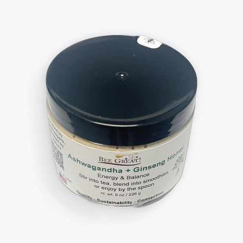 Bee Great 8 oz Ashwagandha & Ginseng Honey, Raw Honey with Adaptogens, Mild Herbal Flavor, Tea & Smoothie Sweetener
