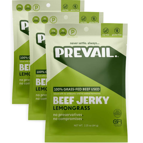 PREVAIL Lemongrass Grass-Fed Beef Jerky - Gluten Free, 100% Grass-Fed, High Protein Snacks, Pack of 3