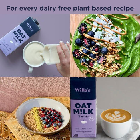 50% 32 oz, Pack 1 Willa's Organic Barista Oat Milk Less Sugar, Non-GMO, Shelf Stable, Non-Dairy, Whole Grain Oats, No