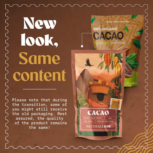 35oz. NaturaleBio Cacao Powder Organic Unsweetened, Non-Alkalized and Pure. Cocoa Powder Substitute with Rich Dark