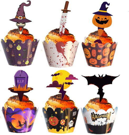 48 Pieces Halloween Cupcake Toppers Kit for Halloween Cake Decoration with Cupcake Wrappers
