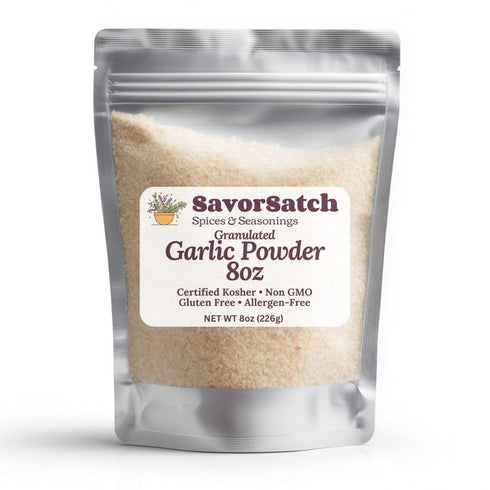 SavorSatch Granulated Garlic Powder 8 oz Certified Kosher, Non-GMO | Resealable Stand-Up Pouch