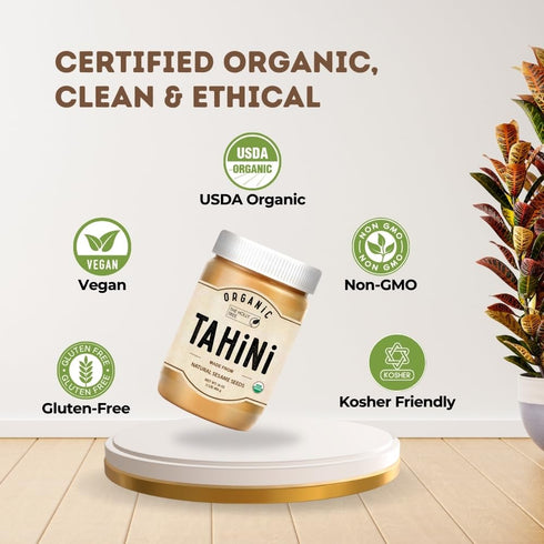 THE HOLLY TREE 16 oz (1lb) Hummus Organic Tahini Paste - Unhulled White Sesame Tahini Dressing - USDA Certified, Gluten