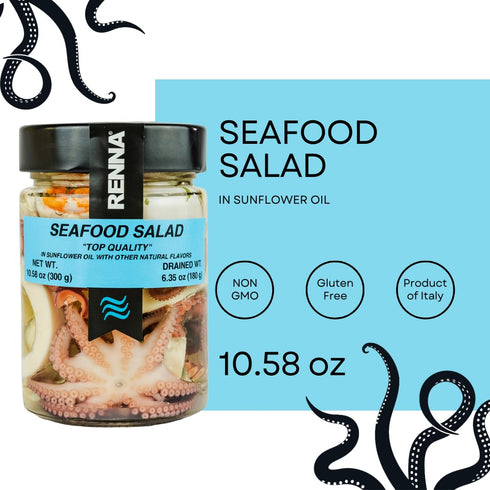 10.58 oz, Packed Renna, Seafood Salad, Fresh in Italy - Italian Delicacy with Squid, Octopus, Cuttlefish, Shrimp