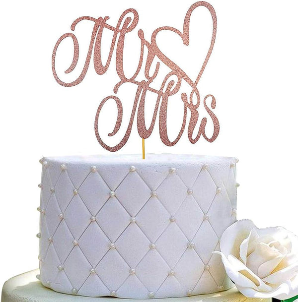 Mr and Mrs Cake Topper, Bride and Groom Sign, Wedding Engagement Cake Decorations, Double-faced Rose Gold Glitter