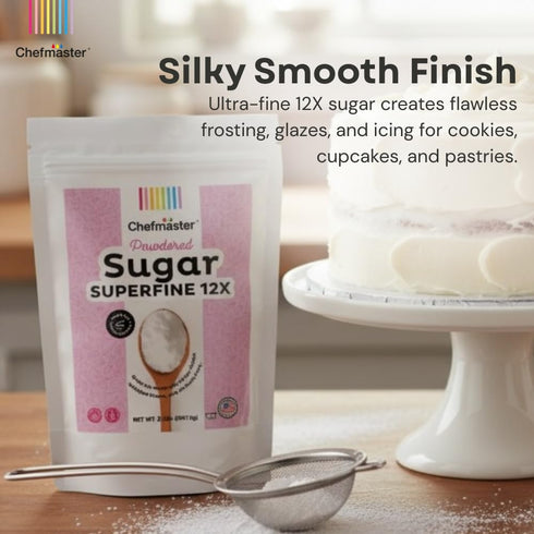 12X 2 Lbs Extra-Fine Powdered Sugar by Chefmaster, Superfine Confectioners Sugar for Silky Icings; Ideal for Macarons