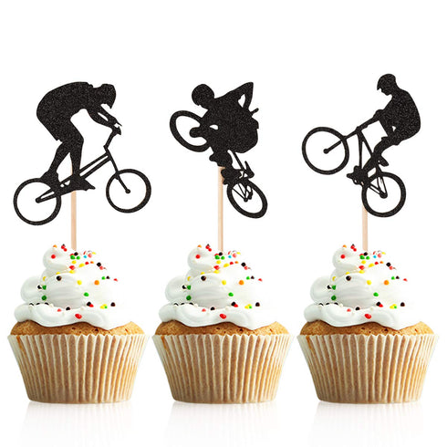 Donoter 48 Pcs Glitter BMX Bicycle Cupcake Topper Picks for Bike Theme Birthday Party Cake Decorations