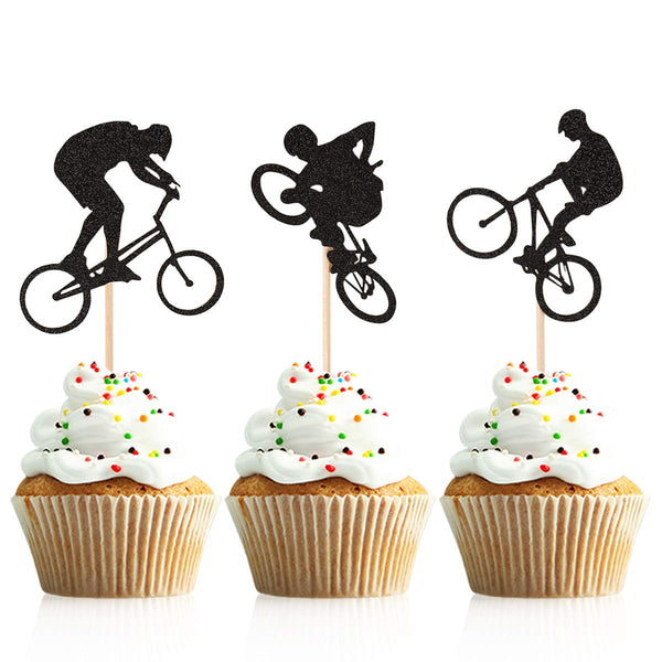 Donoter 48 Pcs Glitter BMX Bicycle Cupcake Topper Picks for Bike Theme Birthday Party Cake Decorations
