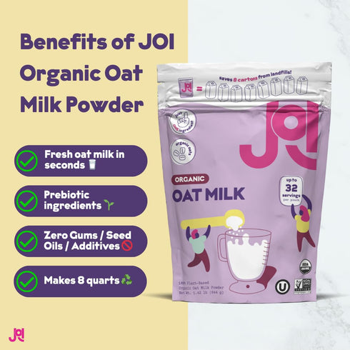 8 Instant Organic Oat Milk Powder Pouch by JOI - Makes Quarts - Vegan, Kosher, Shelf-Stable, and Gluten-Free - Use