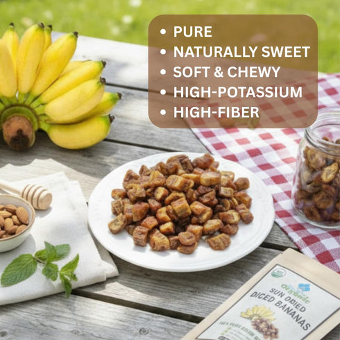 (12.6 OZ) Organic Sun Dried Bananas Diced Fruit Pieces - Healthy Thai Natural Fruit Snacks - Soft and Chewy - No Sugar