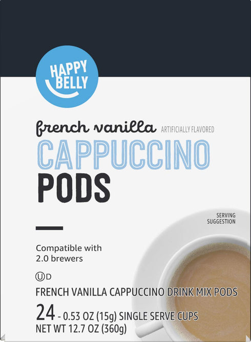 2.0 24 Count, 12.7 Happy Belly Cappuccino Coffee Pods Light Roast Compatible with K-Cup Brewers, French Vanilla