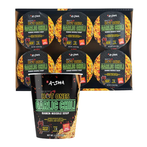 A-Sha x Hot Ones Spicy Ramen Noodle Soup Cup, 6 Pack, Garlic