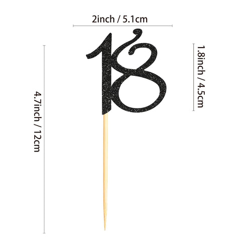Sumerk 24PCS Black Glitter Cupcake Toppers, 18th Birthday Picks, Anniversary Party Decorations