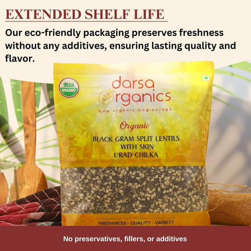 2lb Darsa Organics Split Urad Dal (Chilka) - Organic Black Gram Lentils with Skin - USDA Certified, Non-GMO