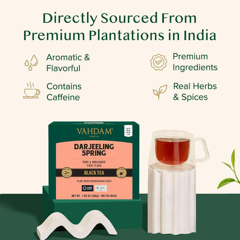 (100 VAHDAM, Exotic Darjeeling First Flush Tea Leaves Black Tea Bags) High Caffeine, Non GMO, Gluten Free | Aromatic