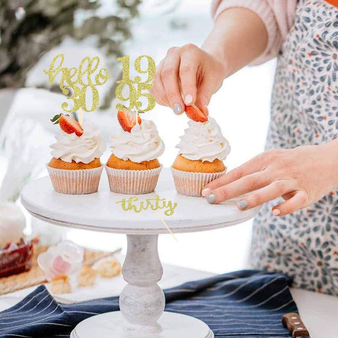 24 Pcs Gold Glitter 30th Birthday Cupcake Toppers for 30th Anniversary Party Wedding Decorations