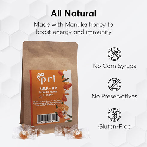 1 lb P.R.I Manuka Honey Nuggets Bulk Bag, Natural Honey Hard Candy, Individually Wrapped, No Corn Syrup, Gluten Free