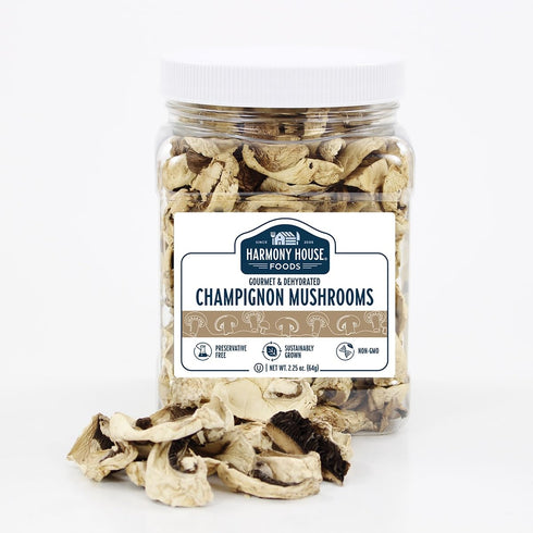 (2.25 oz, Harmony House Foods Dried Champignon Mushrooms Quart Size Jar)