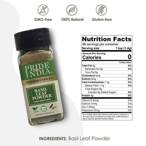 1.6 oz Pride of India Basil Leaf Powder | Gourmet Dried Basil Culinary Herb | Mediterranean Seasoning for Pesto, Stews