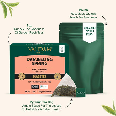 (100 VAHDAM, Exotic Darjeeling First Flush Tea Leaves Black Tea Bags) High Caffeine, Non GMO, Gluten Free | Aromatic